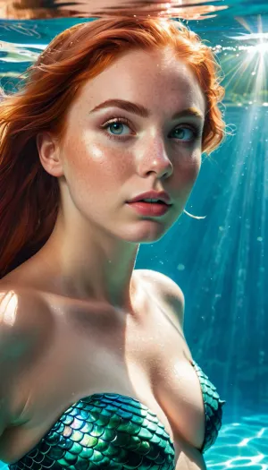 Shimmering त्वचा और आंखों के साथ एक mesmerizing photorealistic mermaid एक उच्च गुणवत्ता वाले पानी के नीचे वातावरण में कब्जा कर लिया एक मनोरम कृति है