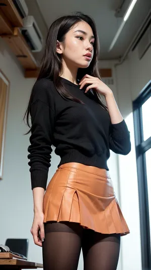 Una impresionante imagen generada por AI de una hermosa china australiana usando una mini falda plisada y de pie en una oficina frente al espectador con sudor en su cara y cabello en marco