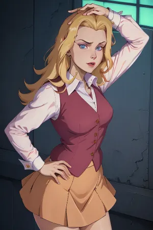 Felicia Hardy, a professional photographer, was assigned to capture the perfect shot of a model wearing an odd hairdo and outfit. She noticed the model's impeccable lighting and posed her over her shoulder with a collared shirt that looked like it