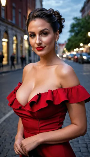 Die Frau in der Fotografie trägt ein schönes rotes Rüschenkleid mit tiefem Eintauchhalsausschnitt und ihre Hauttextur ist sichtbar. Sie hat ein hochauflösendes dunkles Haar, hochwertige Nikon Z8 Kamera, realistische matte Hauttextur, scharf