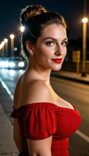 Photo of a pretty woman with beautiful eyes, ((Nikon Z8)), realistic matte skin, skin texture visible, (sharp focus), (high quality), (face visible), ((Detailed Face and Eyes)), photograph of a 25 year old, (((busty))), woman with updo brunette hair, smile, wearing an off the shoulder form-fitting red blouse, slightly turned away from the camera, head tilted slightly, staring attentively at the viewer while standing on a sidewalk of a city street under an overpass, low light, moody, UHD, HDR, hyperreallistic, <lora:shredded woman:.6>, <lora:chest_adjust:.7>, <lora:add-detail-xl:.8>, <lora:DetailedEyes_V3:.5>