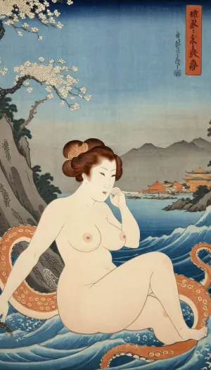 Ukiyo-e Art, The octopus and the fisherman's wife, naked curvy mature ginger woman print style of hokusai fine art style of kanagawa painting /relax, <lora:Ukiyo-e Art:1>, UtagawaKuniyoshiXL, <lora:UtagawaKuniyoshiXL_v1:.5>