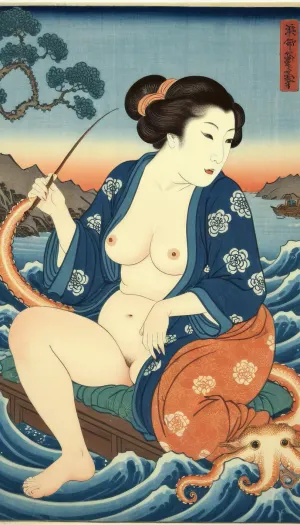 Ukiyo-e Art, The octopus and the fisherman's wife, naked curvy mature ginger woman print style of hokusai fine art style of kanagawa painting /relax, <lora:Ukiyo-e Art:1>, UtagawaKuniyoshiXL, <lora:UtagawaKuniyoshiXL_v1:.5>, aw0k, dalle, <lora:dalle:.5>