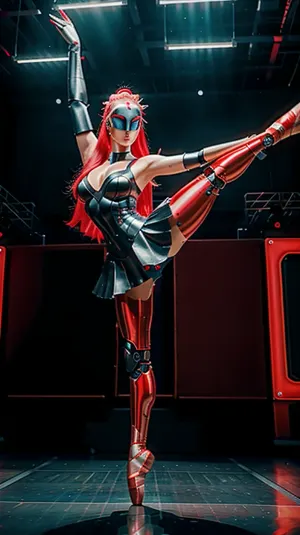 La chica androide con pelo largo y traje rojo y plata en el escenario fue el ejemplo perfecto de la obra maestra de alta resistencia. Tenía 4k resolución, ojos mestizantes y tecnología de alta resistencia en acción