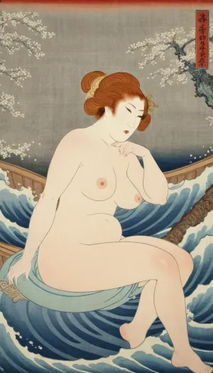 The Dream of the Fisherman's Wife ist ein atemberaubendes Gemälde von Utagawa Kuniyoshi, das eine nackte kurvige reife Ingwerfrau mit einem traumhaften Ausdruck auf ihrem Gesicht darstellt. Es ist ein Beispiel von Ukiyo-e Kunst, die war