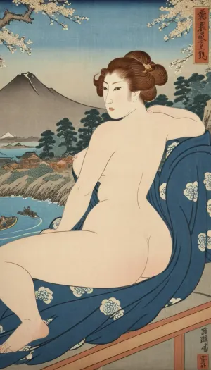 O corpo da mulher estava coberto de um kimono de seda vermelha, e seu cabelo preto longo fluiu pelas costas. Ela ficou com as mãos nos quadris, olhando para a câmera com um sorriso sedutor. O fundo era uma bela paisagem de