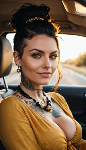 大きい saggy breasts、多くの入れ墨および背景の彼女の車が付いているカメラのための深いプランジのネックラインのポーズが付いている 35 歳の専門家の女性。 彼女は完璧な目、黒スタイリッシュヘアード、ブロンズタンスキン、,