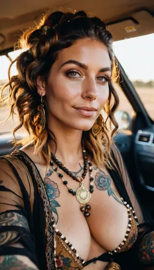 ボホ・ヒッピーの服を着た、タトゥーの顔とディープセットの目を持つ女性は、8kの写真で撮影されました。 彼女は巨大なサギーの母乳を持っていたし、完璧な歯で笑顔だった。 彼女の長い髪のカスケードダウン彼女の