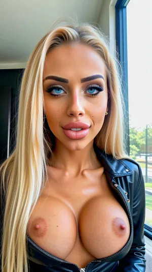 Женщина на неоновой городской фотографии, с идеальной кожей, большими сиськами, объемным телом, розовыми щеками и глубокими голубыми глазами. Ее губы красные и полные, ее щеки розовые и ее кожа гладкая. Она