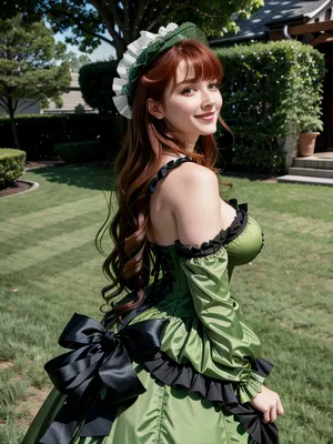 Una mujer impresionante en una imagen de 4k con el cuerpo completo, usando un corset con el pelo largo y la cara perfecta, mostrando su hermoso corsito y verde detallado. Ella tiene pelo largo y una cara perfecta, mirando sobre su hombro con un