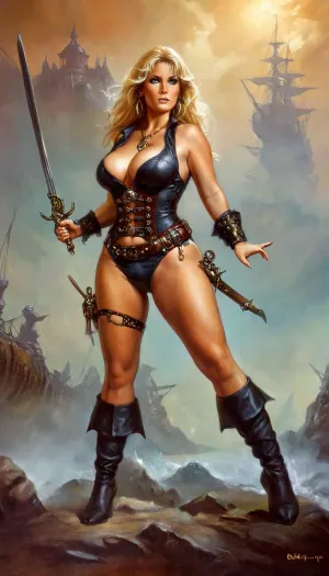 鲍里斯·瓦莱霍(Boris Vallejo)的蒸汽油画,画的是一个50岁的女性,臀部宽阔,乳房大,身着海盗服装,站在海上的船上. 背景是一个抽象的地貌 带有蒸汽朋克元素