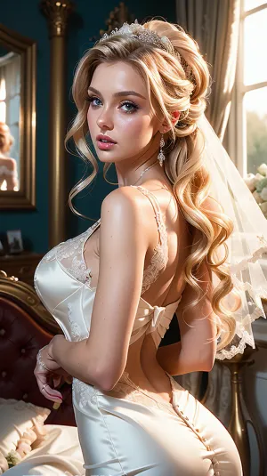 The woman was wearing a sexy wedding dress that hugged her curves and showed off her cleavage. She had long wavy hair, seductive face, big blue eyes, thick blush on cheeks, angular face with high cheekbones and small nose