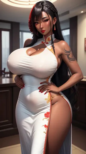 Una donna con un tatuaggio cinese sul suo petto indossava un vestito bianco e capelli lunghi, con grandi seni e un'abitudine di scattare foto con tatuaggi casuali sul suo petto