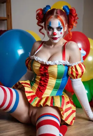 젊은, 아름다운 소녀와 큰 breasts, 어떤 속옷없이 풀 업 드레스를 착용, 확산 다리와 그녀의 뒤에 놓습니다. 그녀는 긴 줄무늬 양말과 높은 트윈 멀티 컬러 포니테스가 있습니다. 그녀의 얼굴은 그려진 흰색 그녀는 보인다