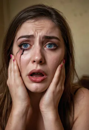 사진에 소녀는 그녀의 얼굴을 달리는 mascara 눈물과 함께 보이며, 그녀의 메이크업은 파괴. 그녀는 울고 거북이로 그녀의 얼굴에 대한 두려움을 가진다. 그림은 AI 조수에 의해 촬영되었다는 pornographic를 생성하기 위해 설계되었다