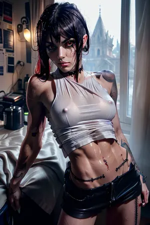 goth girl of 18 years old, ((red eyes)), (heavy mascara and eyeliner), goth, 1 girl, Young adult gothic girl, petite, skinny, slim, tiny legs, tiny arms, tiny hips, tiny boobs, jet-black hair, symmetrical face, skinny arms, exposed boobs, ((detailed muscular abs)), detailed arms, detailed face, perfect lips, fishnet lingerie, high detail, realistic, 8k, (Masterpiece, high quality:1.3), masterpiece, detailed, highly detailed, sharp focus, intricate, smooth, elegant, fantasy, cinematic lighting, cinematic, matte, photorealistic, 4k, beautiful, volumetric lighting, best quality, ultra-detailed, finely detail, highres, lightly dressed, ((pale skin)), (skin pores 1.3), shaved pussy, (sweaty body:1.4), (body covered in tattoos:1.3), (at messy college dorm room:1.3), (ripped clothes:1.3), full body shot, detailed background, <lora:age_slider-LECO-v1:.5>, <lora:breastsizeslideroffset:.01>, <lora:emotion_happy_slider_v1:-1>, with, pokies, <lora:pokies_9:1>, gothic, <lora:gothicL1v:1>
