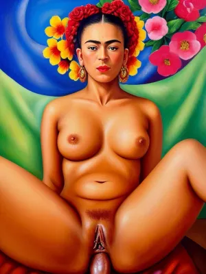 La pintura de aceite de autorretrato de Frida Kahlo cuenta con una mujer con sus piernas extendidas, mostrando su sexo anal en una imagen. La cara de la mujer está contorsionada en placer mientras alcanza el orgasmo