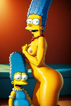 在完美的亲密时刻,玛吉·辛普森和巴特·辛普森被描绘成穿着黄色的裙子和蓝色的头发,坐在黄色的沙发上,闭着眼睛. 身体光滑柔软 皮肤光滑柔软 头发完美