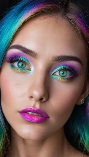 The AI generated photorealistic image of a Fae with iridescent makeup and matching eyes captivated the viewer's gaze, making it difficult to look away from its mesmerizing beauty