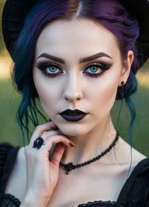 La chica goth tenía piel de porcelana, maquillaje de alta calidad y un corset que mostraba sus ojos ultradetallados. Sus pupilas estaban perfectamente alineadas con sus ojos, y sus ojos de alta calidad estaban perfectamente detallados con pelos de vellus débil