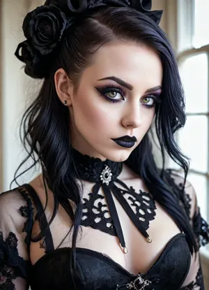 A menina gótica na foto estava usando um espartilho com renda ultra-detalhada e uma saia correspondente. Sua maquiagem foi altamente detalhada, com olhos altamente simétricos que eram perfeitamente redondos e íris perfeitamente simétricas. O cabelo dela era