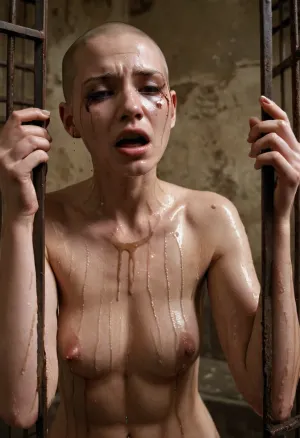 一个年轻女孩被看到在一个小笼子里,全身有瘀伤,身上的化妆品已被破坏,恐惧地哭泣. 她的头发很乱,看起来很恐怖