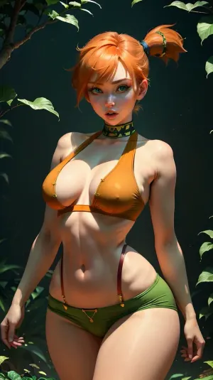 The AI generated a beautiful picture of a girl with perfect lighting, orange hair, and the best quality microskirt. She was wearing suspender s and big boobs in a tight crop top. Her green eyes were perfectly lit by the solo lighting