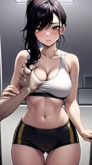 1boy, 1girl, hetero, (guided breast grab, guiding hand, groping:1.2), (black sports s, sports bra, ginger, 1.2), ponytail, freeckles, big boobs, ginger, cleavage, indoors, perfect hands, thighs, standing, thigh gap, pov, from above, <lora:POVBREASTGRAB_V2_b_:.8>