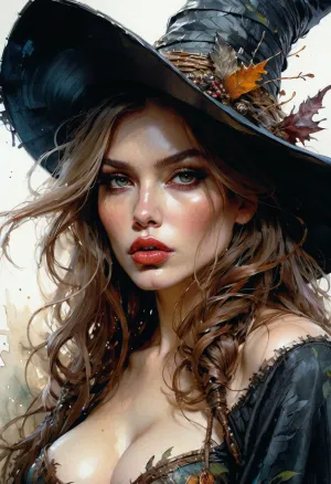 La femme sur la photo porte un croquis de mode d'une grosse sorcière de l'anime diabolique avec un chapeau de sorcière ses lèvres faisant une face de canard. Gros plan, fantasme sombre, détails complexes, détails de croquis de haute qualité Jean Baptiste Monge, Carn