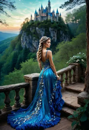 Una mujer con cabello trenzado, vestido iridiscente, lapis lazuli, turquesa, azul y plata multicolor flor rufa flor vestido formal con diamantes brillantes y brillantes suelo de longitud castillo y bosque arte de fantasía por Jeremy