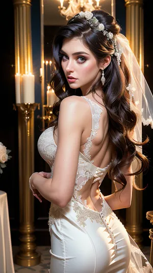 A woman in a wedding dress stood in front of a large mirror admiring her reflection. She was tall and slender with long wavy hair that cascaded down her back. Her skin was smooth and flawless, with a hint of blush on