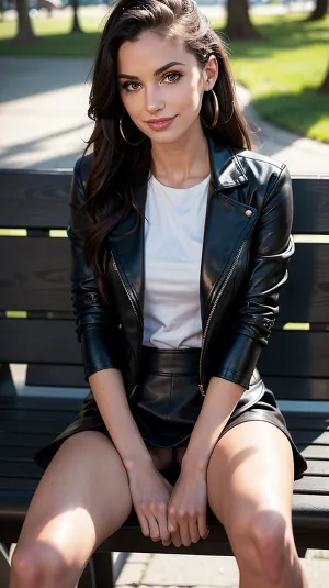 一名穿着黑色皮衣和裙子的年轻女子坐在公园长椅上,她的腿在用手机拍摄自己照片时张开大张. 她长长的黑色头发流下她的背部, 她微笑着诱人