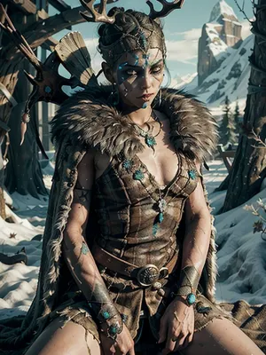 在一片雪地中,塞努阿赫尔站在夫妇的上面,手持匕首,穿着毛衣. 她的脸被涂上化妆品,全身化妆. 雪地上充满了神射线 当她握着