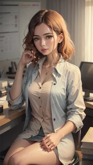 照片中的女人坐在桌子上,在电脑上写东西. 她穿着80s_comp labcoat, 这是她的洗涤。 图片中的医生看显示器,但不直接看