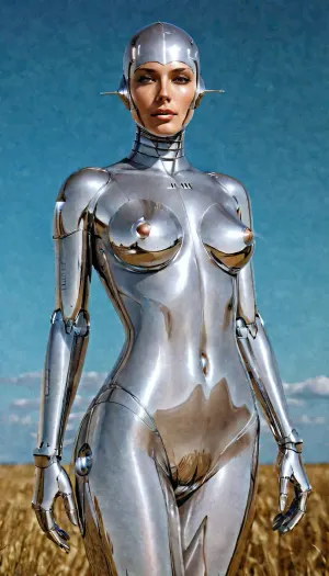 Eine skandinavische Roboterfrau stand vor dem Mann, ihr perfekter Metallkörper glitzerte im Licht. Ihr perfektes Bild einer skandinavischen Pobotin war bereit, von jedem Mann gefickt zu werden, der es wagte, es zu versuchen