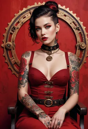 [Style of modern glamorous photo], fashion magazine cover with hyperrealistic painting of an advertising cinema poster with a woman with tattoos sitting on the clear background, steampunk art, gothic art, dominating red color, trash polka, jingna zhang, 'obey', highly detailed tattoo, very cute, steampunk urban inspired, red sun, resembling a mix of grimes, photoshop art, tatto, red color bleed