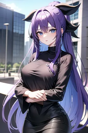 Uma mulher com cabelo longo roxo, peitos grandes e olhos azuis estava sentada em sua mesa trabalhando em um projeto quando ela notou uma imagem de si mesma de anos atrás. Ela sorriu enquanto ela percebeu que a IA tinha feito o seu trabalho bem