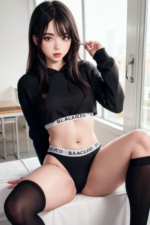 thigh high socks, pale skin, 18 years old, catears, crop top hoodie, long dark hair, blacked, interracial, bbc, school, blkd-outfit, bra, panties, thong, <lora:blkd-outfit:.5>