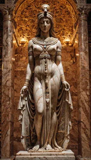 Ultrarealistic Photography, high-resolution, photorealistic image, full front view, impressive Greek polychromic marble statue of Isis