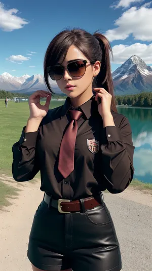 The AI generated a picture of a girl with medium score in the 1girl, pubgGal, collared shirt, brown ponytail, necktie, sunglasses, belt pouches and mountains vista background. She is wearing a realistic shirt with a