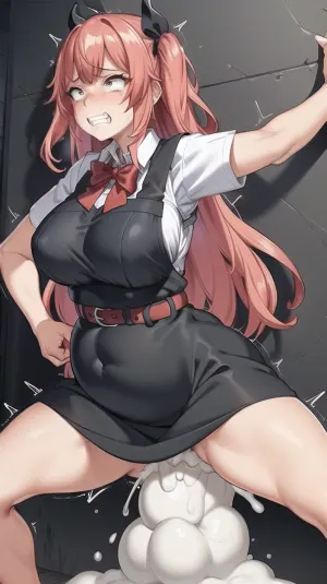 woman, full dress, missionary, vaginal, close, spreading, exposed, scared, expression, clenched, teeth, <lora:scared-expression-v1.8-000005:.5>, cumflation, <lora:Cumflation:.5>, (masterpiece, best, quality:1.2), d, BPD, black, pinafore, dress, long, skirt, red, bowtie, belt, <lora:BPDv1:.5>