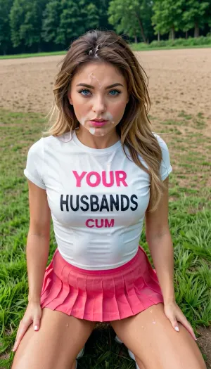 Una donna rumena nei suoi primi anni venti era sulle ginocchia in un parco, indossando una t-shirt bianca con le parole "Your Husband Cums On Your Face" scritto su di esso. Aveva caratteristiche facciali perfette e wavy disordinato