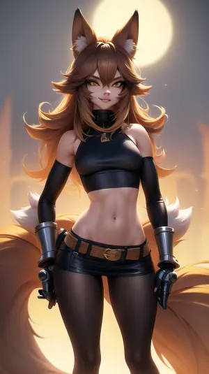 모피 여성 anthro 는 키가 큰, 그녀의 사이버 팔은 dim 빛에 놀. 그녀는 꽉 짧은 상단과 스커트를 착용했다. 그녀의 fox tail was wagging 뒤에 그녀의, 과 그녀 had