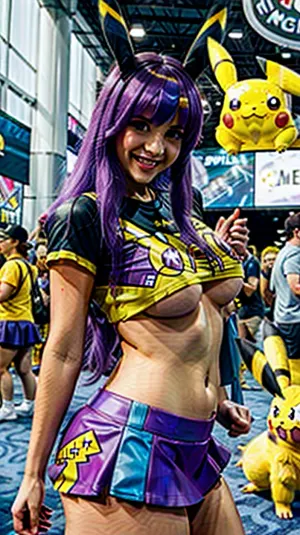 1 super Short young adult girl, super Body, (pokemon print outfit), comiccon, super Short crop top, super Short skirt, smile, beautiful female face, Long light purple hair, high detail, impeccable image quality, ultrarealism, pikapoke, pikachu, crowd, cosplay, comic, con, crop, top, underboob, t, shirt, bra, <lora:PIKAPOKE:.5>, <lora:cc-000010:.5>, <lora:crop_shirt_underboob:.5>, <lora:Underboob CropTop by Stable Yogi:.5>