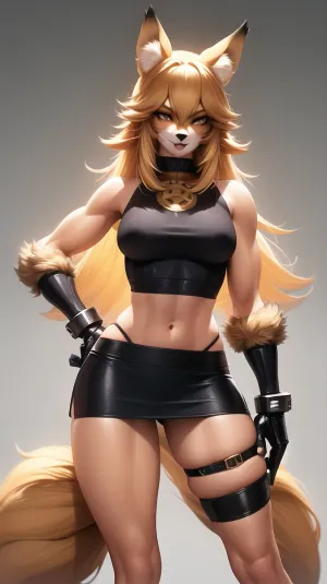 기계적인 팔과 기계적인 손을 가진 사이버 팔은 여우 소녀 초상화, 키 큰 금발의 머리, 근육 여성 및 키 큰 금발 머리를 가진 furry 여성 anthro입니다. 그녀는 그녀의 엉덩이에 기계적인 손을 가진 빛나는 기계적인 팔의 앞에 서 있습니다