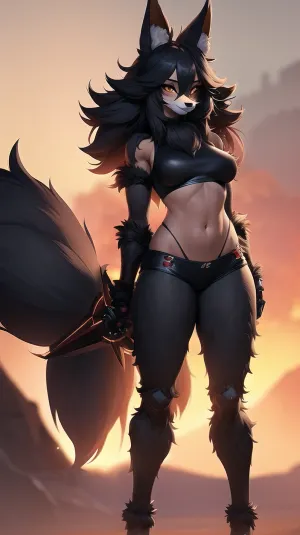 모피 여성 anthro 는 키가 큰, 그녀의 사이버 팔은 dim 빛에 놀. 그녀는 여우 소녀의 얼굴과 로봇 왼쪽 손, 하지만 그녀는 누드였다. 그녀의 초상화는 고요하고, 그녀는 그녀의 제일 질에 서 있었습니다: 기계적인