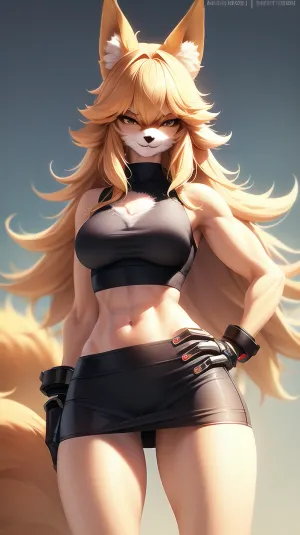 furry female anthro, fox girl, tall female furry, muscular female, furry fox female, long blonde hair, standing, hand on hip, portrait, tranquil, solo, (body fur:1.2), (best quality), medium breasts, dramatic lighting, (detailed fluffy fur:1.25), looking at viewer, fox tail, cyber arm, mechanical arm, mechanical left hand, cyber prothesis, glowing mechanical arms, black skirt, tight short t-shirt, midriff top