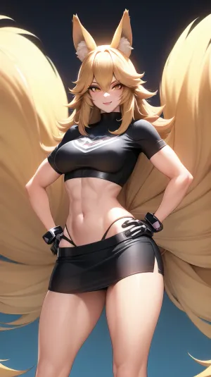 furry female anthro, fox girl, tall female, muscular female, furry fox female, long blonde hair, standing, hand on hip, portrait, tranquil, solo, (body fur:1.2), (best quality), medium breasts, dramatic lighting, (detailed fluffy fur:1.25), looking at viewer, fox tail, cyber arm, mechanical arm, mechanical left hand, cyber prothesis, glowing mechanical arms, black skirt, tight short t-shirt, midriff top