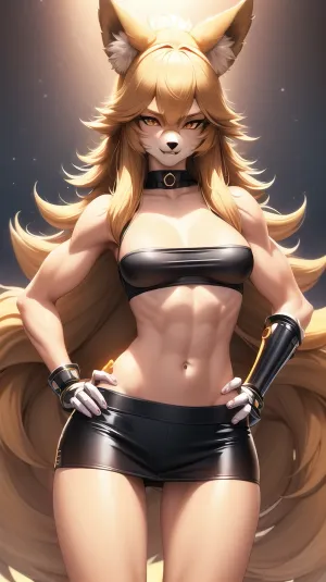 furry female anthro, fox girl, tall female, muscular female, furry fox female, long blonde hair, standing, hand on hip, portrait, tranquil, solo, (body fur:1.2), (best quality), medium breasts, dramatic lighting, (detailed fluffy fur:1.25), looking at viewer, fox tail, cyber arm, mechanical arm, mechanical left hand, cyber prothesis, glowing mechanical arms, black skirt, tight short t-shirt, midriff top