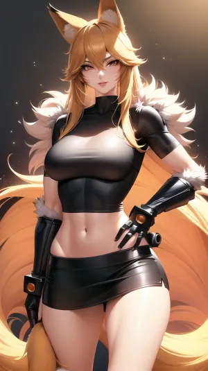 모피 여성 anthro 는 키가 큰, 그녀의 사이버 팔은 기계 팔과 놀. 그녀 was a fox 소녀 와 a fox tail 과 짧은 금발의 머리. 그녀의 키 큰 여성 몸은 근육과 그녀는 모든 AI 생성 된 이미지의 최고의 품질 초상화를 가지고